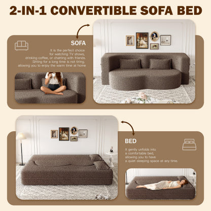 Brown Convertible Sherpa-Fleece Full-Size Floor Sofa-Bed 15 inch  Height with 2 Pillows No-Assembly