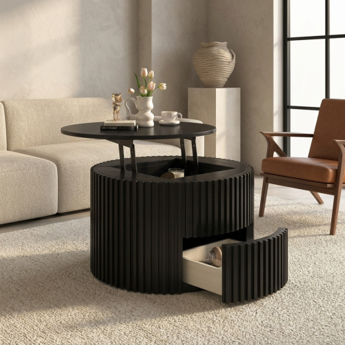 Round Lift Top Coffee Table, Fluted Wood Accent Table with Hidden Storage & Drawer, Solid Wood & MDF