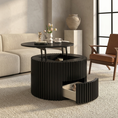Round Lift Top Coffee Table, Fluted Wood Accent Table with Hidden Storage & Drawer, Solid Wood & MDF
