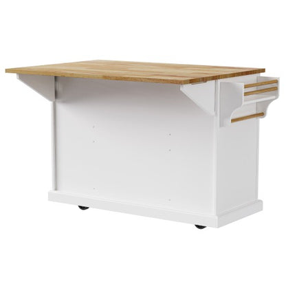 54 Inch Rolling Kitchen Island with Drop Leaf Drawers & Wheels White