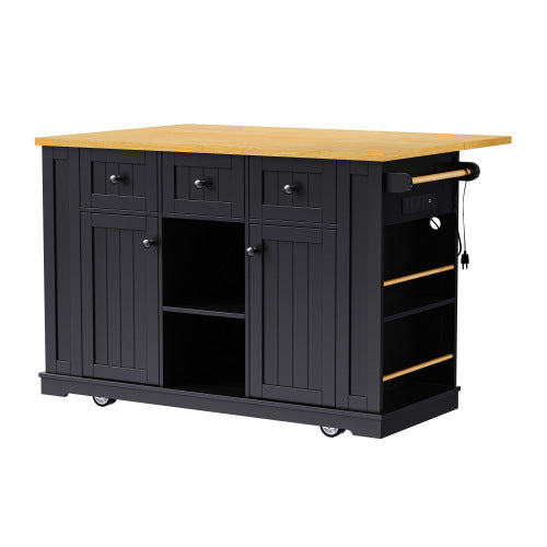 53inch Large Kitchen Island with Drop Leaf, Power Outlet, Door Internal Storage Rack, Rolling Kitchen Cart on 5 Wheels with 5 Open Side Racks for Kitchen, Dining Room,Black(Not include bar stools)
