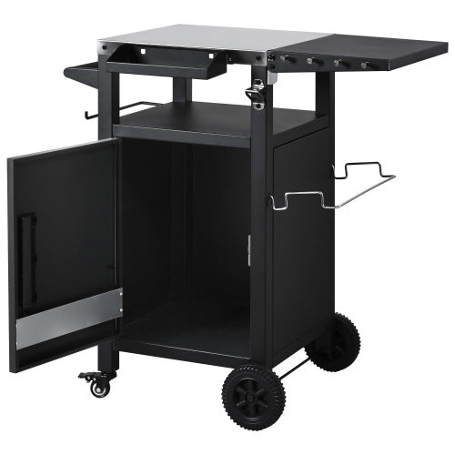 33.9 inch Outdoor Grill Cart with Drop Leaf, Outdoor Metal Bar Cart Pizza Oven Table with Wheels, Stainless Steel Top, Outdoor Kitchen Island with Storage Cabinet & Spice & Paper Rack for BBQ, Waterpr