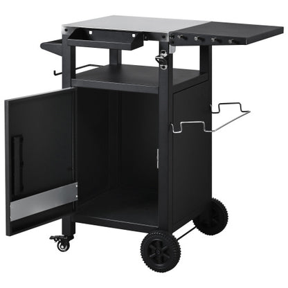 33.9 inch Outdoor Grill Cart with Drop Leaf, Outdoor Metal Bar Cart Pizza Oven Table with Wheels, Stainless Steel Top, Outdoor Kitchen Island with Storage Cabinet & Spice & Paper Rack for BBQ, Waterpr