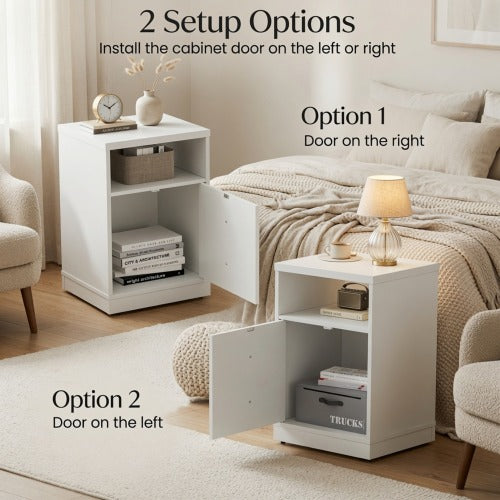 2-Pack White Modern Nightstand, Faux Drawer Design with Cabinet & Open Shelf