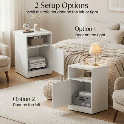 2-Pack White Modern Nightstand, Faux Drawer Design with Cabinet & Open Shelf