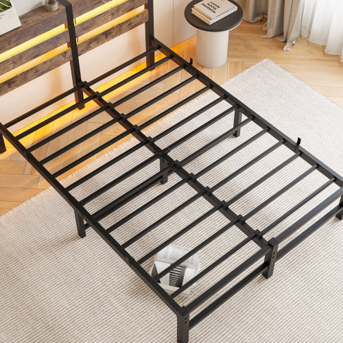 Full Size  Metal Bed Frame with Wooden Headboard, RGB Lights,  Charger, Storage Shelf, Noise-Free, No Box Spring Needed,Rustic Brown