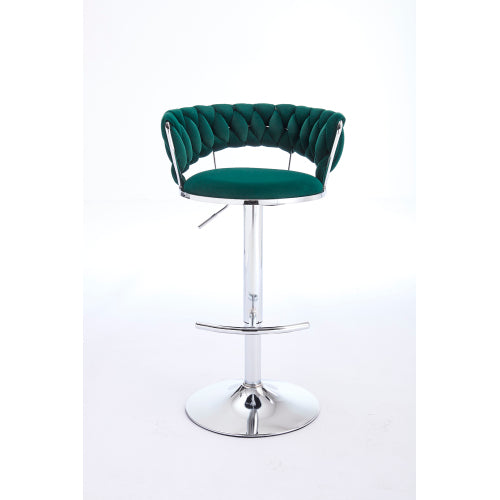 Set of 2 Bar Stools,with Chrome Footrest and Base Swivel Height Adjustable Mechanical Lifting Velvet + Chrome  Leg Simple Bar Stool-GREEN