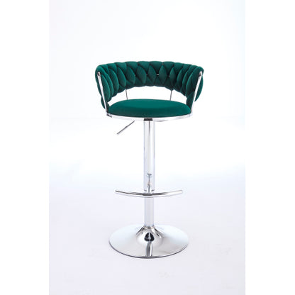 Set of 2 Bar Stools,with Chrome Footrest and Base Swivel Height Adjustable Mechanical Lifting Velvet + Chrome  Leg Simple Bar Stool-GREEN