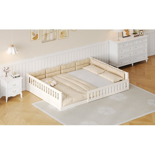 Wood Full Size Upholstered Platform Bed with Guardrail and Pillow, Beige