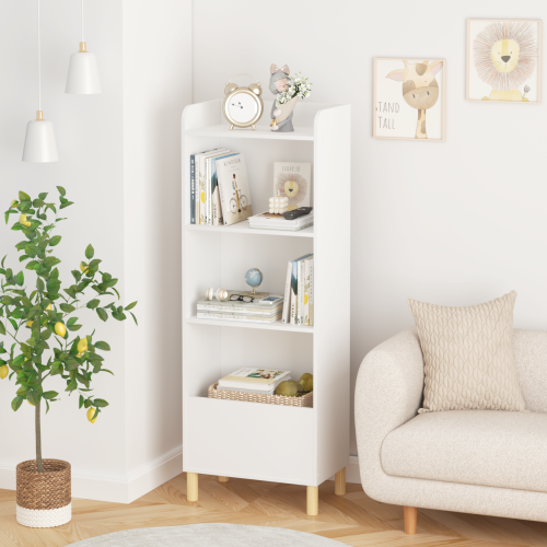 Kids 4-Tier Bookcase and Toy Storage Organizer with Pine Legs, White