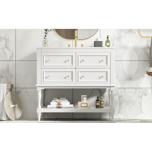 36" Bathroom Vanity Cabinet with Sink Combo Set, Undermount Ceramic Sink, Free Standing Vanity Set with 4 Drawers, Solid Wood Frame Bathroom Cabinet, White