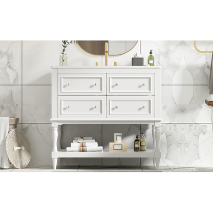 36" Bathroom Vanity Cabinet with Sink Combo Set, Undermount Ceramic Sink, Free Standing Vanity Set with 4 Drawers, Solid Wood Frame Bathroom Cabinet, White