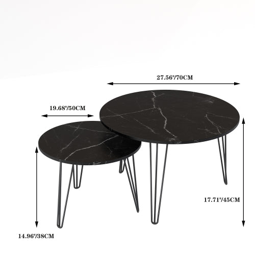 2-Piece Round Nesting Coffee Table, Faux Marble Top & Black Metal Base