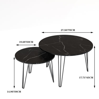 2-Piece Round Nesting Coffee Table, Faux Marble Top & Black Metal Base