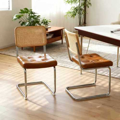 Set of 2 Brown Faux Leather Rattan Breuer Dining Chairs, Chrome Cantilever Legs, Mid Century Side Chairs for Dining & Living Room
