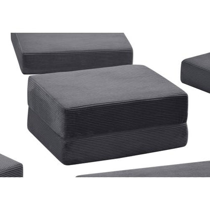 Grey Corduroy Modular Compression Ottoman, Spring Padding No-Assembly Multi-Use Floor Seat for Living Room