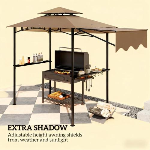 Ventilated Barbecue Gazebo Shelter,Outdoor Grill Gazebo,with Side Awning,Side Shelves and Hooks