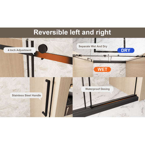 Frameless Single sliding shower door 56-60 "W x 76" H, 1/4 "(6 mm) Clear Tempered Glass, Explosion Proof Film, Stainless Steel Handle Square Tube Track ,Matte Black