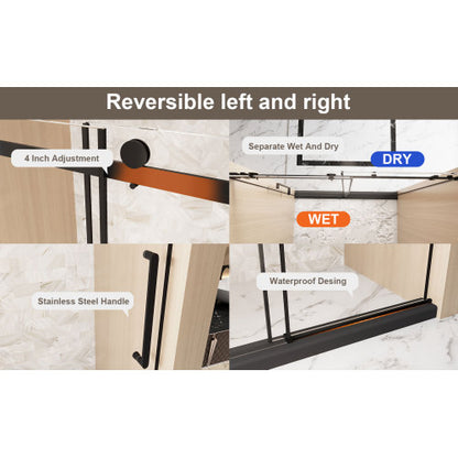 Frameless Single sliding shower door 56-60 "W x 76" H, 1/4 "(6 mm) Clear Tempered Glass, Explosion Proof Film, Stainless Steel Handle Square Tube Track ,Matte Black