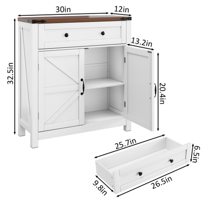 Farmhouse Storage Cabinet with Drawer and Adjustable Shelf, White Kitchen Cabinet with Walnut Countertop,  Modern Coffee Bar Console Cabinet for Kitchen, Dining Room, Bathroom, Entryway