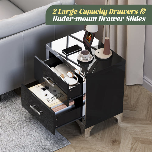High Gloss Mirrored Nightstand with 2 Drawers,Modern End Table with Drawers,Mirrored High Gloss Wood Nightstand Metal Handle Bedside End Table for Bedroom, Dorm,Living Room,Black
