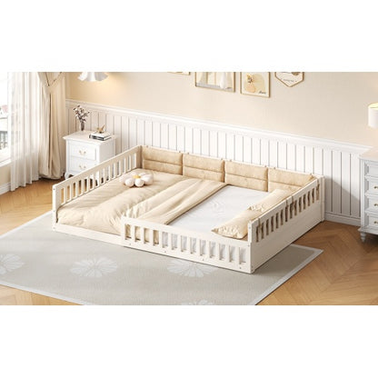 Wood Full Size Upholstered Platform Bed with Guardrail and Pillow, Beige