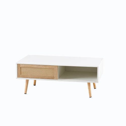 Rattan Coffee Table Sliding Door Storage Wood Leg White Modern Living Room Table