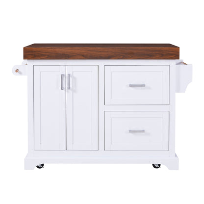 53 Inch Rolling Kitchen Island with Thick Top Drawers & Spice Rack White