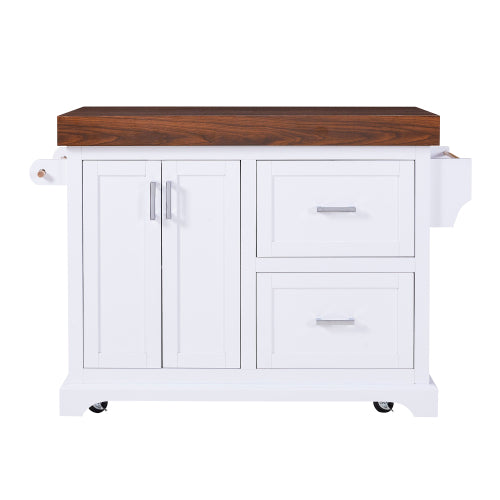 53 Inch Rolling Kitchen Island with Thick Top Drawers & Spice Rack White