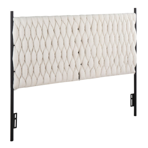Braided Queen Size Headboard in Black Metal and Cream Sherpa Fabric by