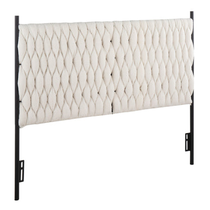 Braided Queen Size Headboard in Black Metal and Cream Sherpa Fabric by