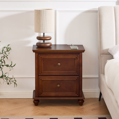Walnut Mid-Century Nightstand, 2-Drawer Bedside Table with Charging Station & Gourd-Shaped Legs