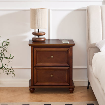Walnut Mid-Century Nightstand, 2-Drawer Bedside Table with Charging Station & Gourd-Shaped Legs