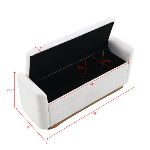 49 Inch Beige Storage Ottoman Bench, Chenille Upholstered Entry Bench with Safety Hinge, 350 LBS Capacity Wood & Gold Metal Frame