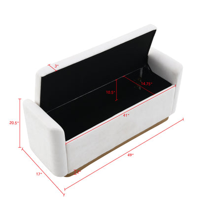 49 Inch Beige Storage Ottoman Bench, Chenille Upholstered Entry Bench with Safety Hinge, 350 LBS Capacity Wood & Gold Metal Frame