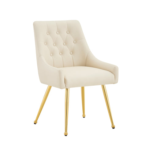 Set of 2 Off White Diamond Tufted Faux Leather Dining Chairs, Metal Back Handle, Gold Metal Legs, Luxury Accent Chairs