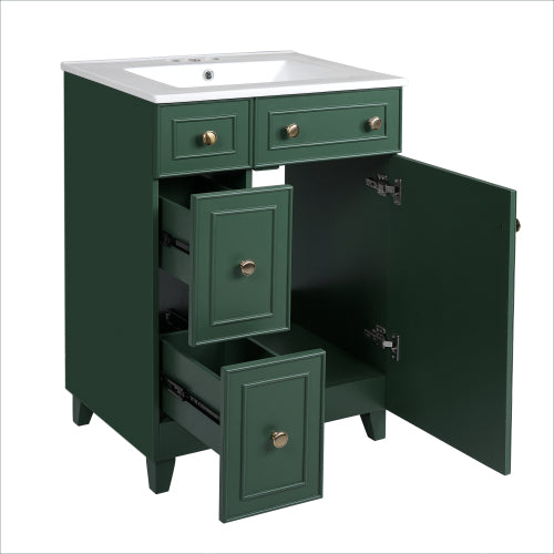 24" Forest Green Bathroom Vanity Cabinet with Ceramic Sink, 2 Drawers, 1 Soft-Close Door
