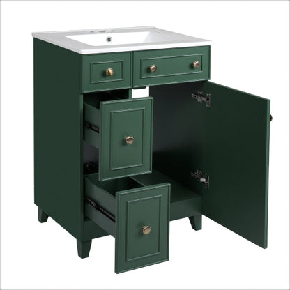 24" Forest Green Bathroom Vanity Cabinet with Ceramic Sink, 2 Drawers, 1 Soft-Close Door