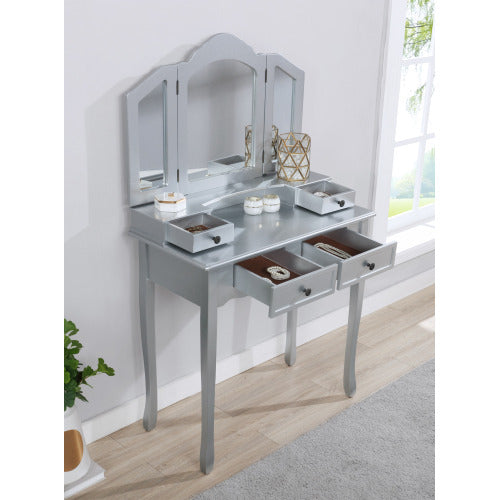 Silver Wood Vanity Makeup Table and Stool Set, 3-Panel Beveled Mirror, 4 Drawers, Brushed Nickel Hardware