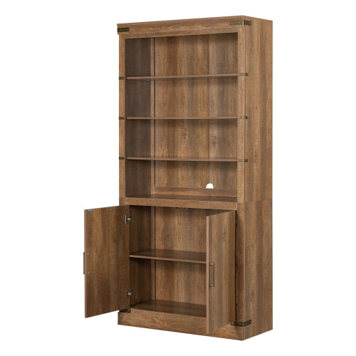 83.4 Inch Tall Walnut Farmhouse Bookshelf with LED Light & Adjustable Shelves Closed Storage Cabinet