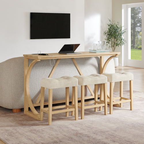4-Piece 59inch  Bar Set with Outlet, Solid Wood Frame & 3 Linen Stools