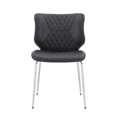 Set of 2 Dark Gray Crazy Horse Oil Wax Leather Dining Chairs, Electroplated Metal Leg Diamond Tuft High Back Chairs
