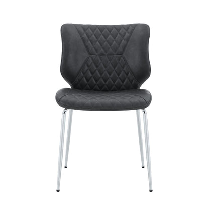 Set of 2 Dark Gray Crazy Horse Oil Wax Leather Dining Chairs, Electroplated Metal Leg Diamond Tuft High Back Chairs