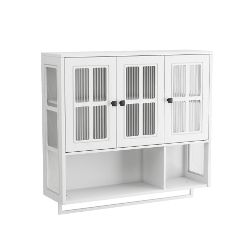 Bathroom Wall Cabinet, 3-Door Wooden Wall Cabinet with Open and Hidden Storage Space, Medicine Cabinet with Glass Door and Towel Bar for Entryway Living Room Bathroom Dining Room,White