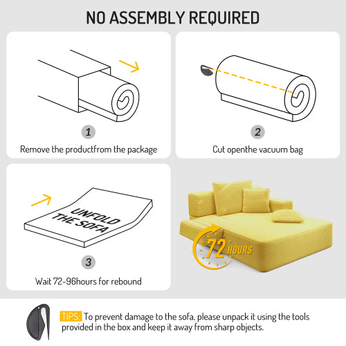 Oversized Yellow Corduroy Convertible Sofa Bed w/Storage Pockets