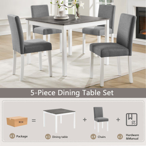 5-Piece Grey & White Two Tone Dining Set, Square Wooden Table with 4 Upholstered Chairs