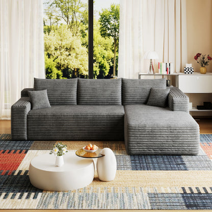 95-Inch Dark-Grey Plush Corduroy U-Shaped Cloud Modular Sectional Deep-Seat Corner Sofa No-Assembly for Living-Room