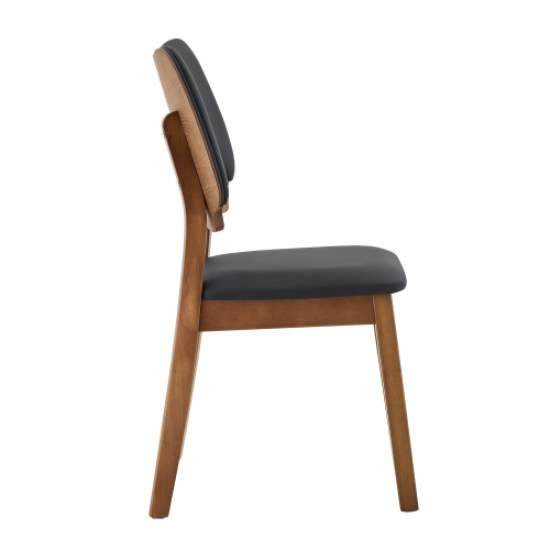 Set of 2 Walnut Wood Dining Chairs, Black PU Upholstered Hollow Back Modern Kitchen Chairs
