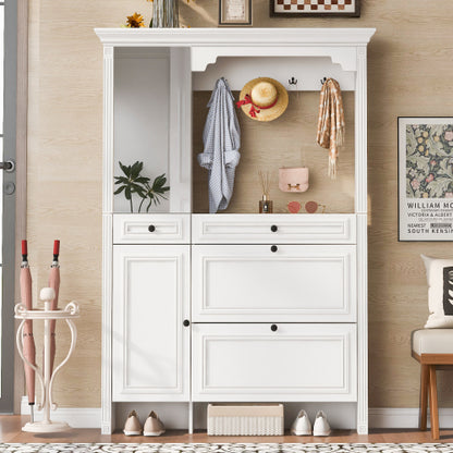 54.7 inch Hall Tree with Integrated Shoe Cabinet and Mirrored Cabinet Door, Coat Hanger, Entryway Bench, 4-in-1 Design, 2 Flip Drawers, 4 Hooks and 2 Cabinets for Entrance,Living Room
