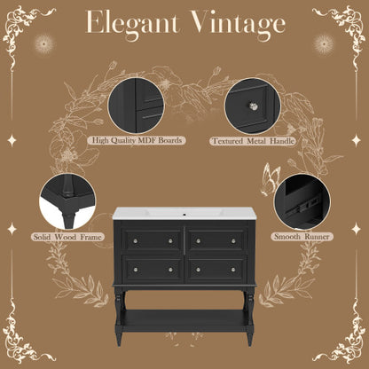 36" Bathroom Vanity Cabinet with Sink Combo Set, Undermount Ceramic Sink, Free Standing Vanity Set with 4 Drawers, Solid Wood Frame Bathroom Cabinet, Black